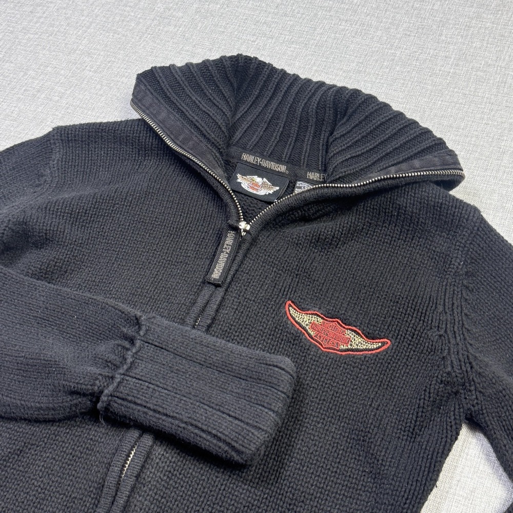 Harley-Davidson Sweater Full Zip Women's Medium Black Chunky-Knit Biker